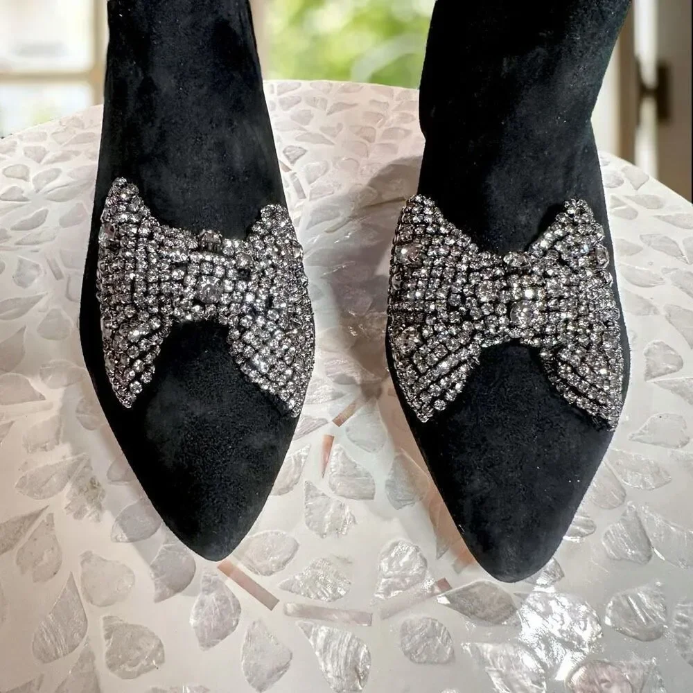 Tory Burch $498 Embellished Crystal Bow Leather Suede Ankle Booties Boots Shoes